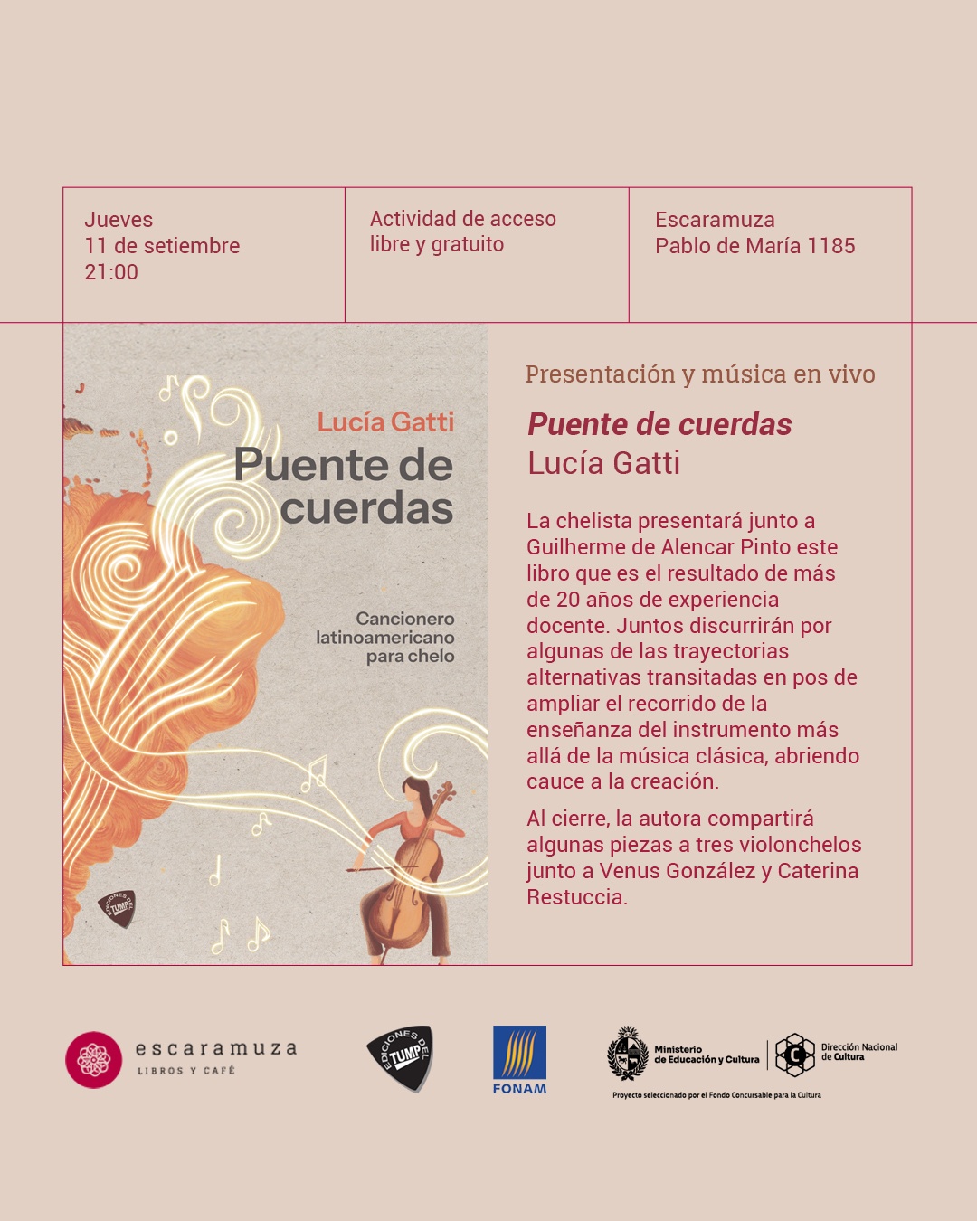 Lucía Gatti presenta «Puente de cuerdas» junto a Guilherme de Alencar Pinto y un trío de violonchelos en vivo