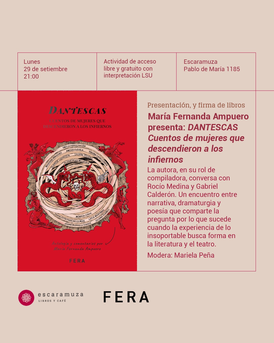 María Fernanda Ampuero presenta «Dantescas» junto a Gabriel Calderón y Rocío Medina